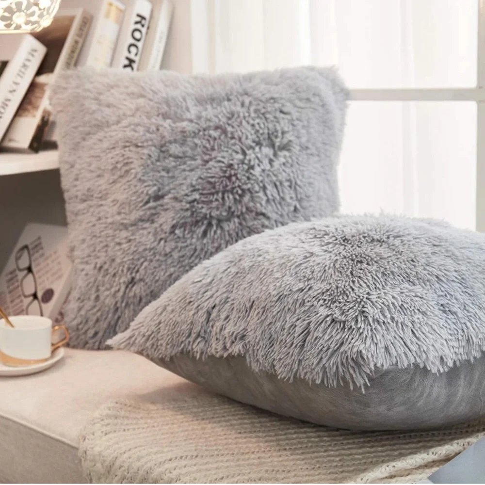 Luxury Home | Chic Grey Soft Plush Faux Fur Throw Pillow Covers